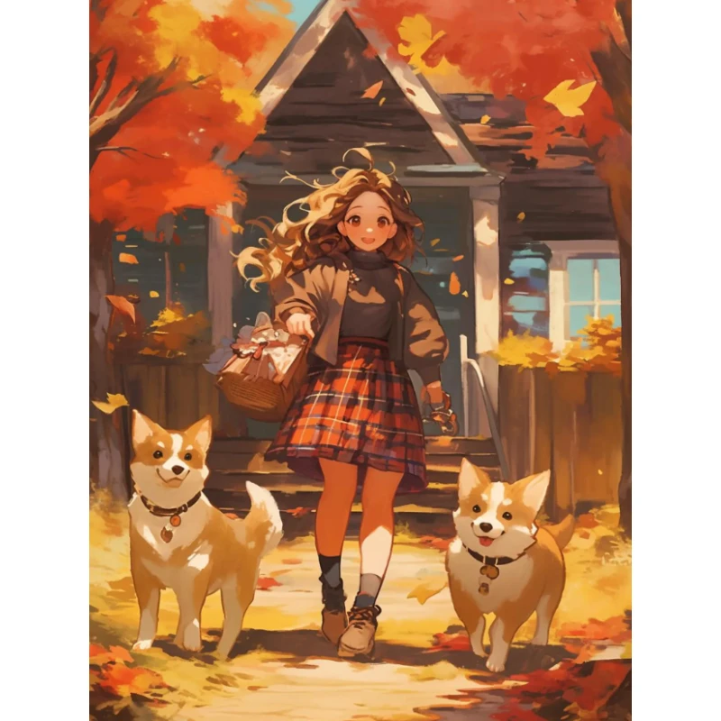 Autumn Maiden with Two Corgis Diamond Painting, Anime Style Fall Scene in Front of Wooden House, Art for Wall Decor & Gift