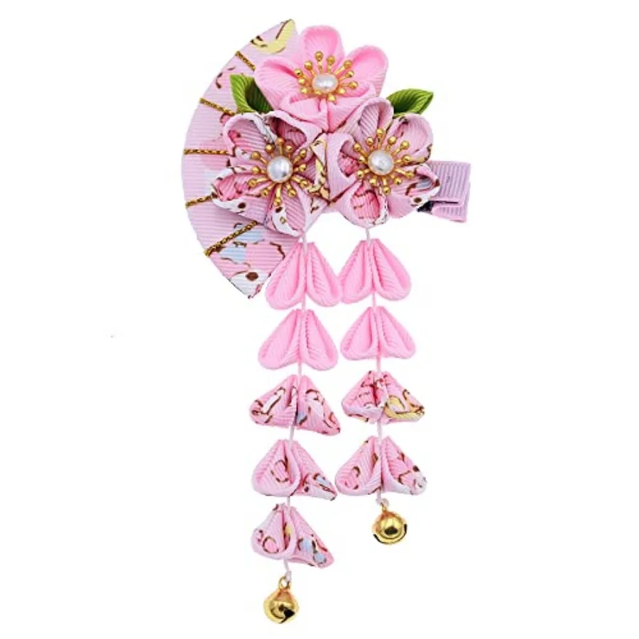 Japanese Style Women Flower Hair Clip Tassel Hair Ornament, Kimono Decor Fabric Hanfu Hairpin Accessories For Christmas Party C