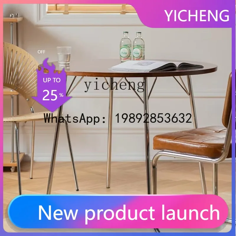 

LYY Household Light Luxury Solid Wood round Dining Table Mid-Ancient Stainless Steel Table Designer Living Room round Table