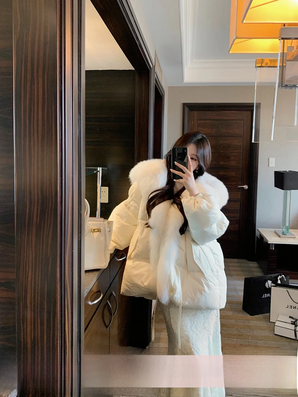 

YOLI White Fur Collar down Jaet Women's Winter Versatile Warm Thi Outerwear Casual Sle Long Sve ort Length