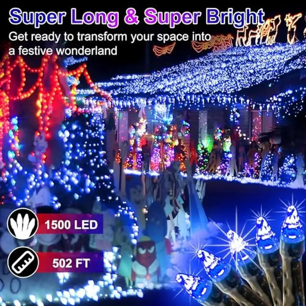 1500 LED 502ft Outdoor Christmas Lights Super Long String with Timer Memory Waterproof Green Wire Fairy 8 Modes Holiday Cheer