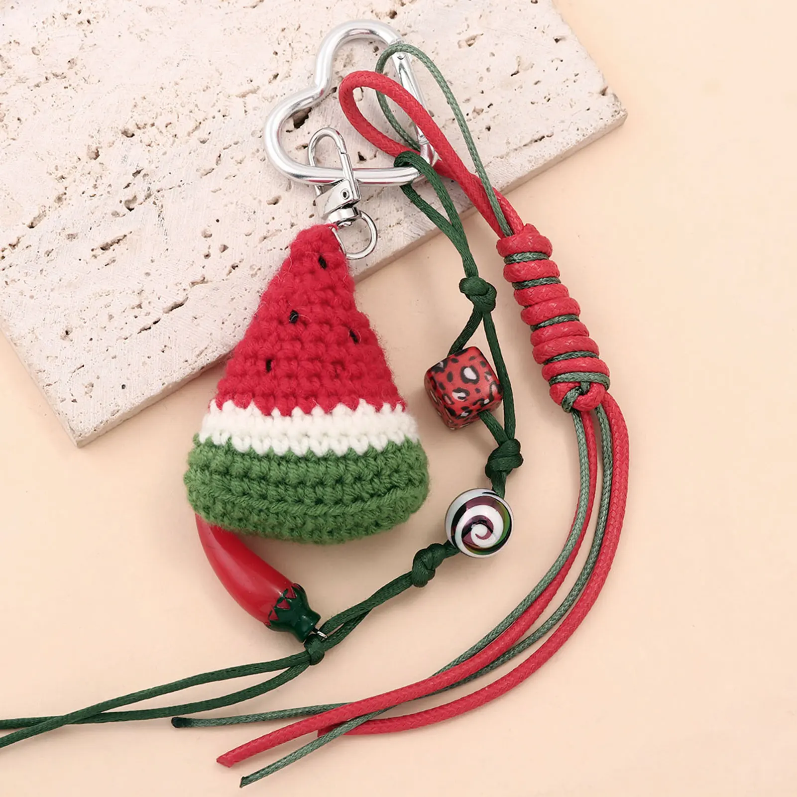 Sweet Delicious Handmade Woven Watermelon Bag Charm Cute Beaded Fruit Pendant for Women Men Backpack Handbag Accessory Gift