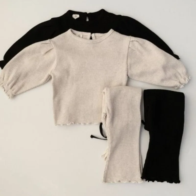 

Spring Autumn Children Cozy Waffle Clothing Sets Kids Girls Cotton T-shirt and Knitted Pants 2pcs Outfit Baby Soft Clothes