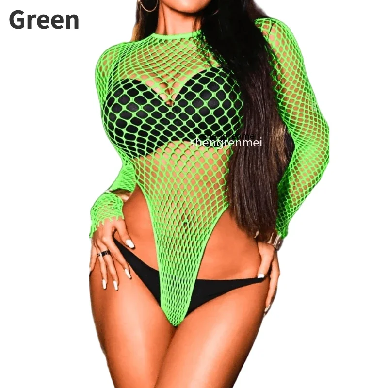 Женское нижнее белье, сексуальное боди в сеточку с высоким вырезом, прозрачный топ с длинными рукавами, клубная одежда, наряд для вечеринки и клуба, цельный пляжный костюм, lenceria