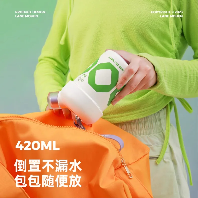 420ml Cute Girls Straw Thermos Cup, 316L Stainless Steel Portable Insulated Water Bottle, Leakproof for Outdoor Camping Office