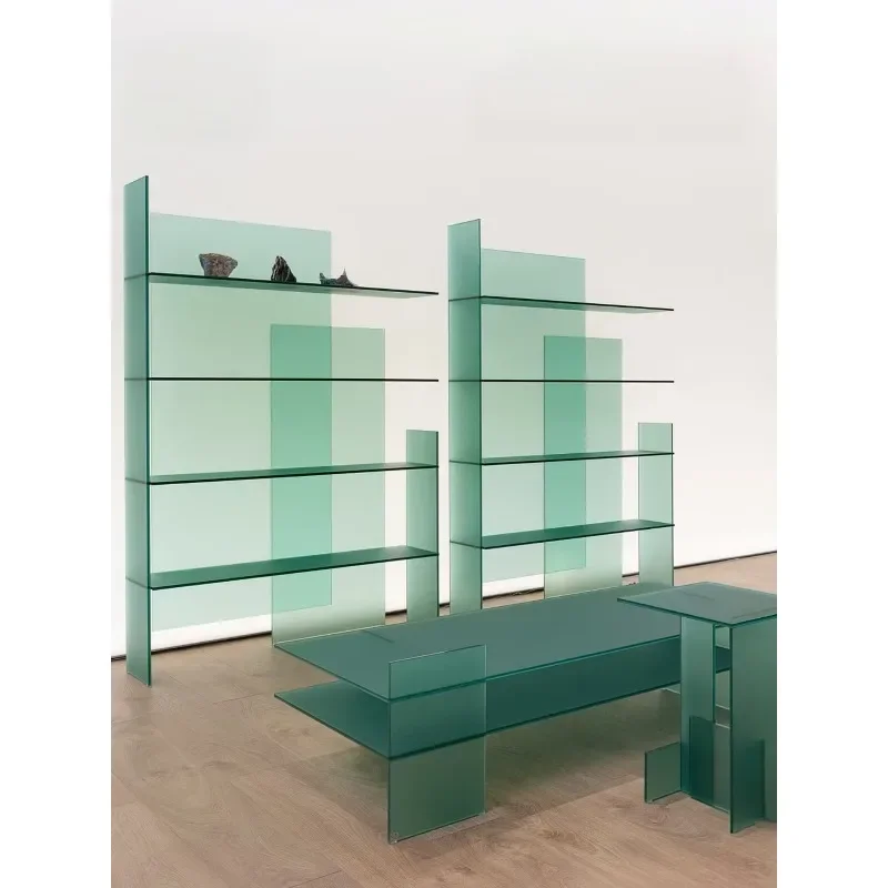 Italian minimalist glass special-shaped bookshelf, household floor-to-ceiling shelf, integrated wall display rack