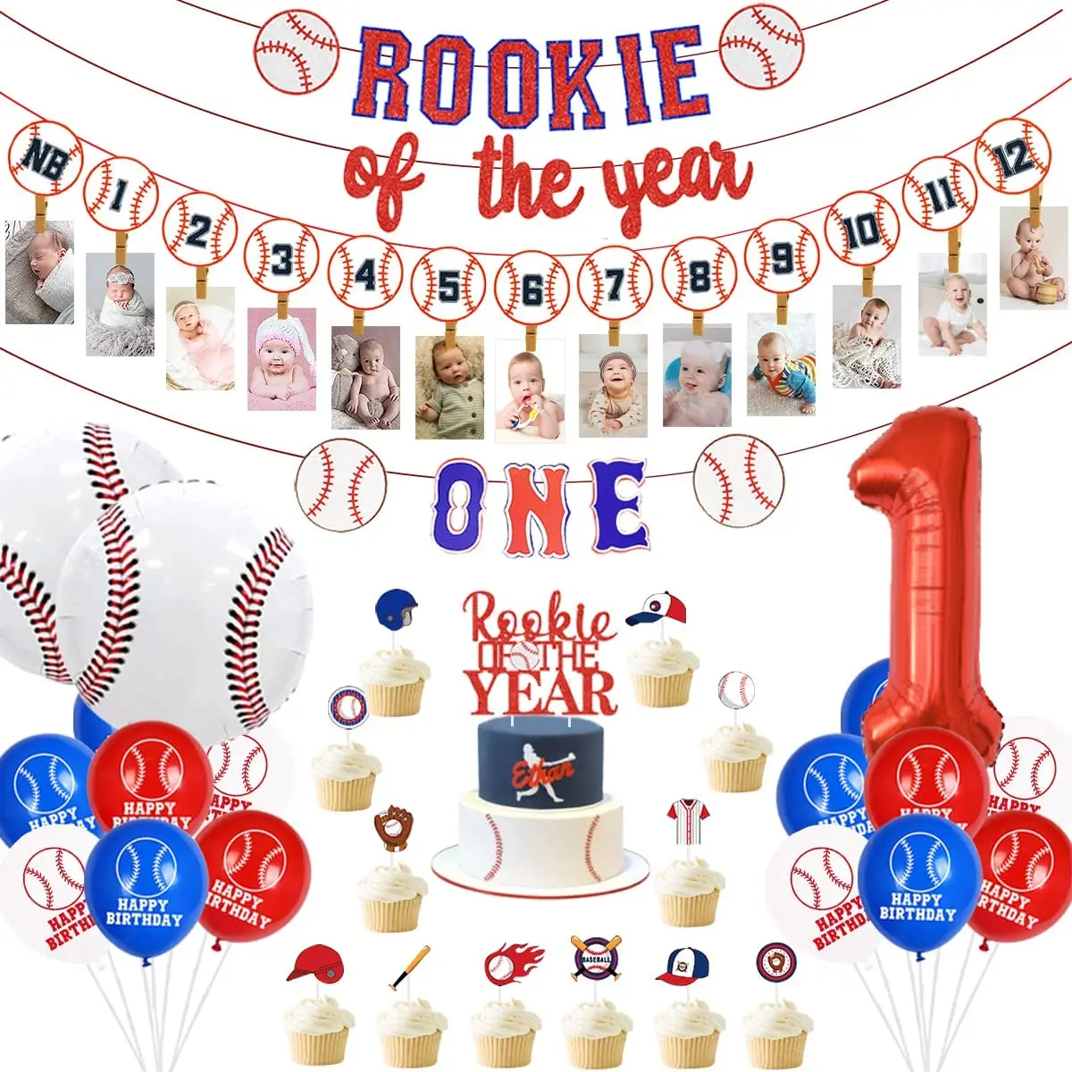 

Baseball Themed Birthday Decorations with Rookie of the Year Banner, Monthly Photo Banner, Boys 1st Birthday Cake Toppers