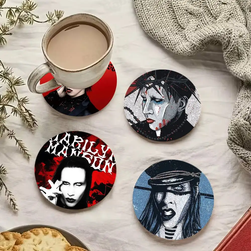 Industrial Rock Band Marilyn Manson Printed Coasters Suitable for Daily Family Party Decoration, Office, Non-Slip Wooden