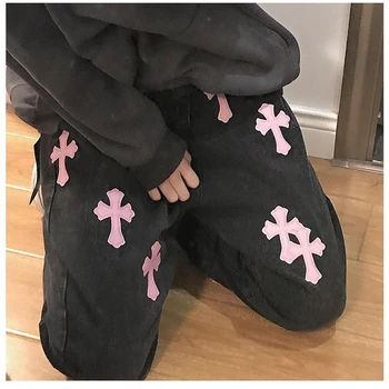 גבוהה רחוב בבאגי ג 'ינס נשים של ורוד צלב כותנה ג' ינס נשי גבוהים מותניים ישר מכנסיים גודל גדול דק סמרטוט רחב רגל מכנסיים