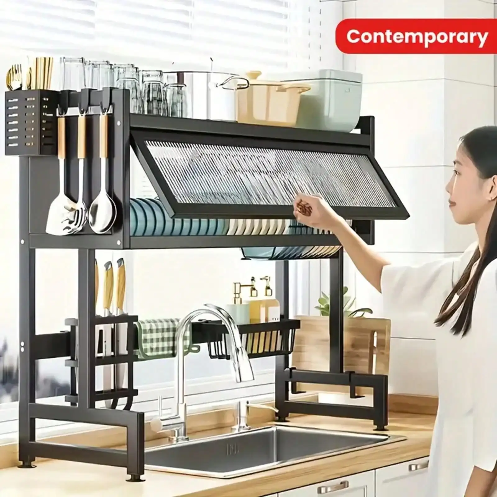 

Double-Layer Kitchen Counter Dish Rack; Kitchen Counter Dish Drainer With Drip Tray; Metal Kitchen Dish Rack With Drip Tray