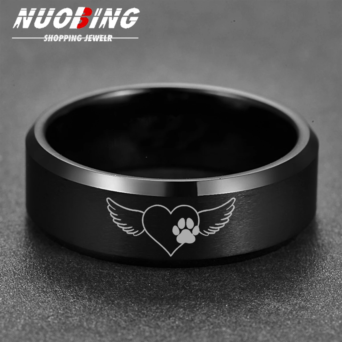 2024 New Fashion Black Stainless Steel Animal Footprints Heart-shaped Angel Wings For Male And Female Couples Ring Accessories