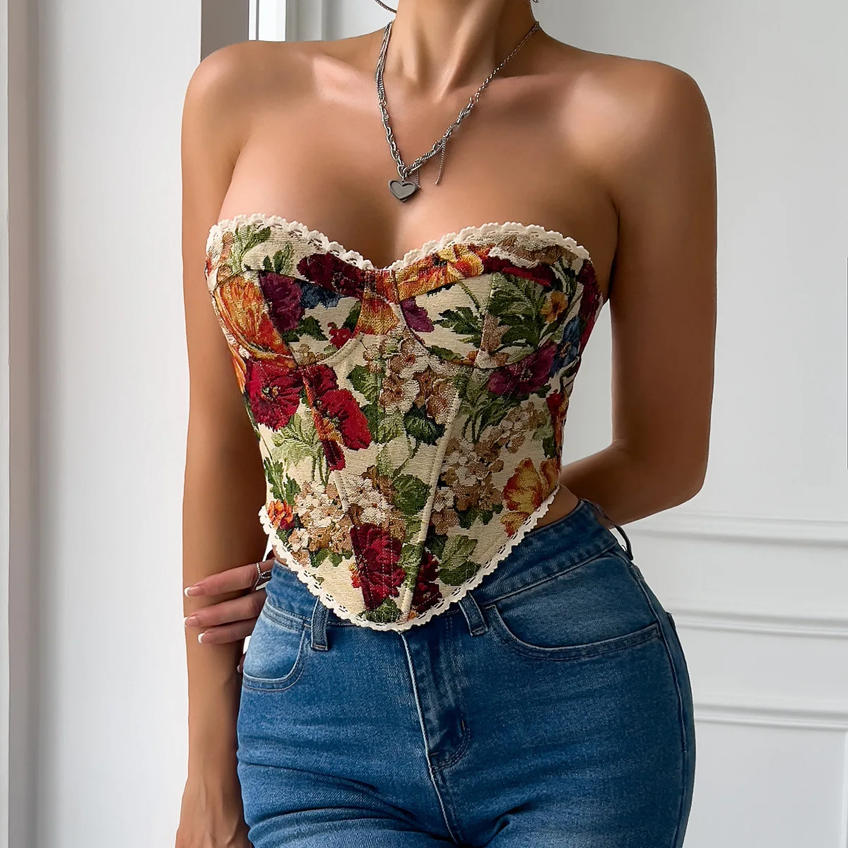 Women's Vintage Floral Print Strapless Corset Top Lace Tube Bustier Short Length Backless Inner Wear Summer 2025 Fashion