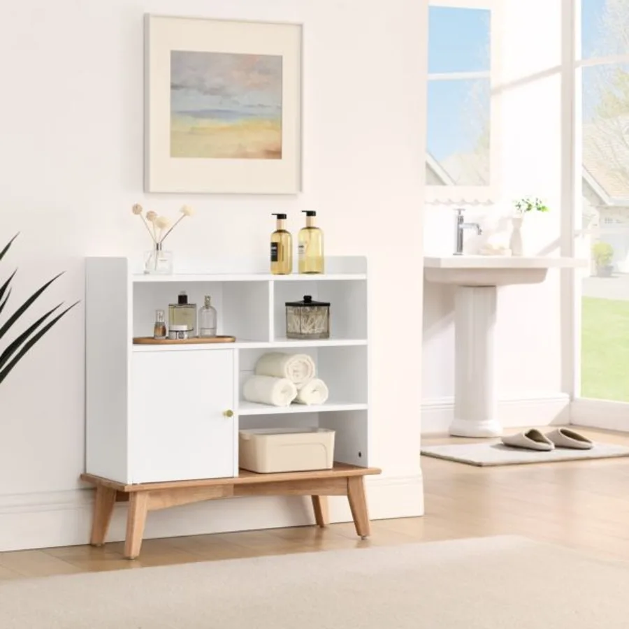 

Colorblocking Storage Cabinet with Solid Wood Base feet Floor Cabinet for Bedroom Living Room Nursery Home Office Reception Ent
