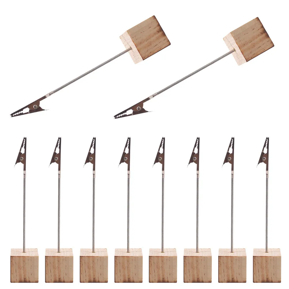 10Pcs Wooden Desktop Clip with Cube Base Photo Memo Paper Note Holder Table Number Name Card Menu Stand Wedding Office Decor