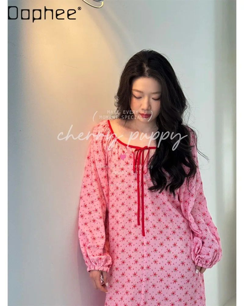 Korean-style Gentle Pastoral Retro Floral Print Long-sleeve Nightdress V-neck Loose Lantern Loungewear for Women Sleepshirts