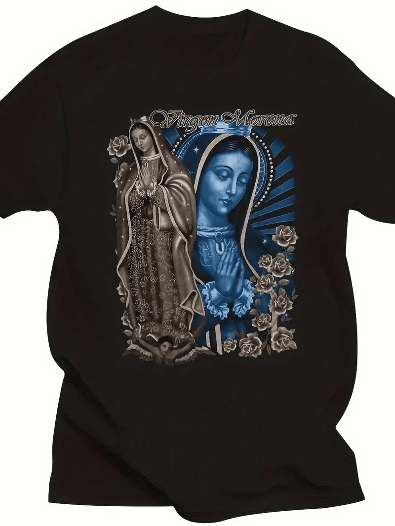 Camiseta con Estampado Religioso Inspirado en la Virgen Morena para Hombre, Camiseta Negra, Rosas, Ropa Católica de Algodón 100% de Alta Gramaje, Modelo 77899