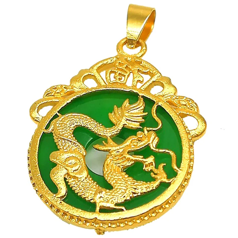 ‘1PC Chinese Wind Green Stone Dragon Gold Color Pendant For Men Women Animal Lover Lucky Dragon Amulet Necklace Accessories Gift