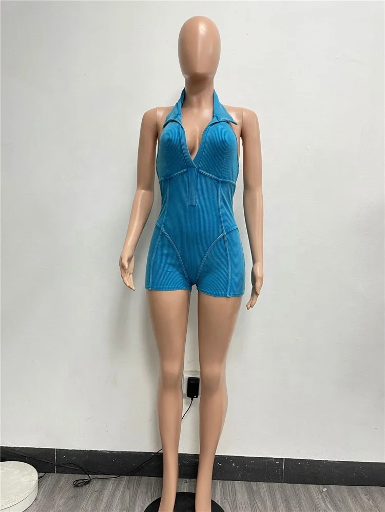 Macacão Halter sem costas lavado com nervuras para mulheres, Bodycon Skinny Sexy, Streetwear esportivo, macacão moderno, INS, moda, 2024