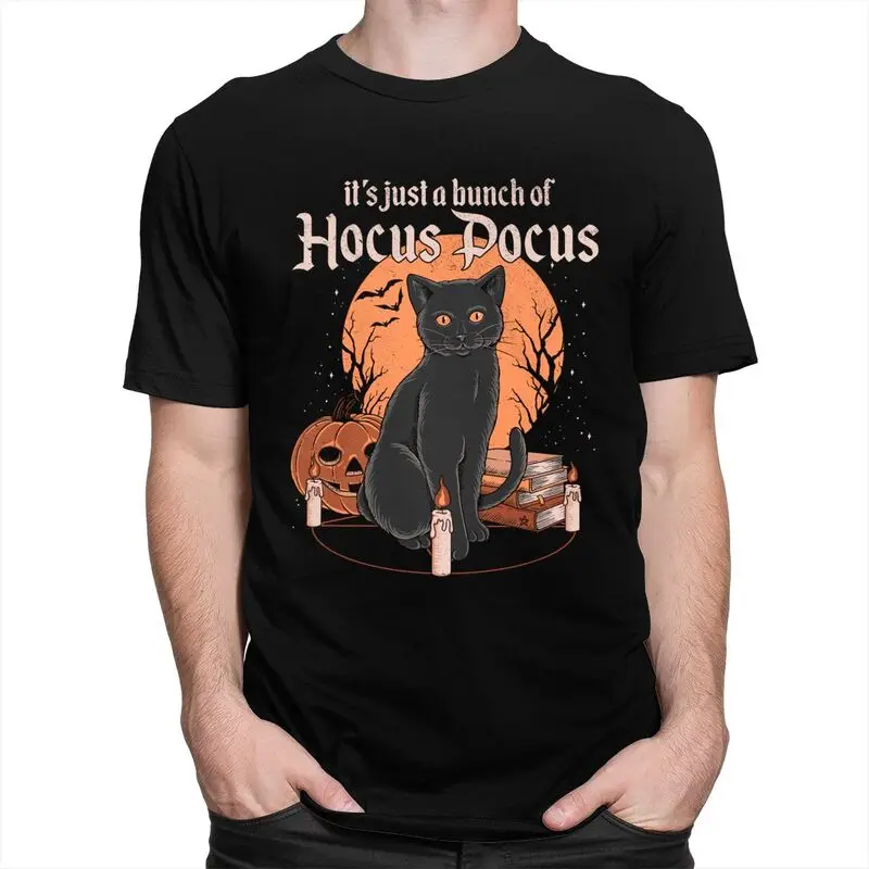 Custom Hocus Pocus T Shirt Men Short Sleeved 100% Cotton T-shirt Leisure Halloween Witchcraft Black Cat Tee Graphic Tshirts