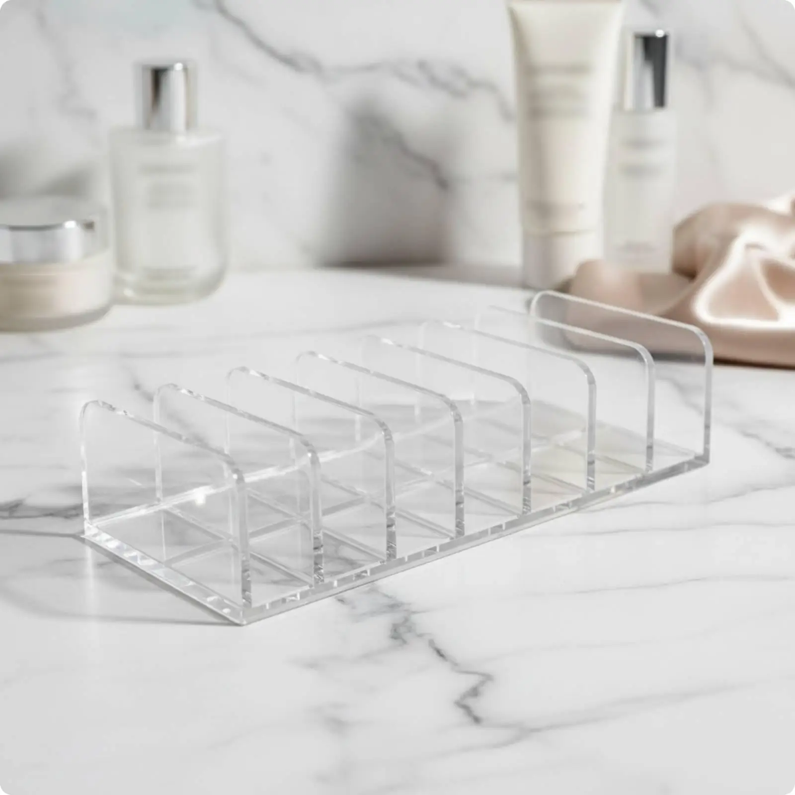 Multi Compartment Acrylic Cosmetic Organizer for Vanity Clear Makeup Storage Holder Skincare Bottle Stand Lotion Tube Rack