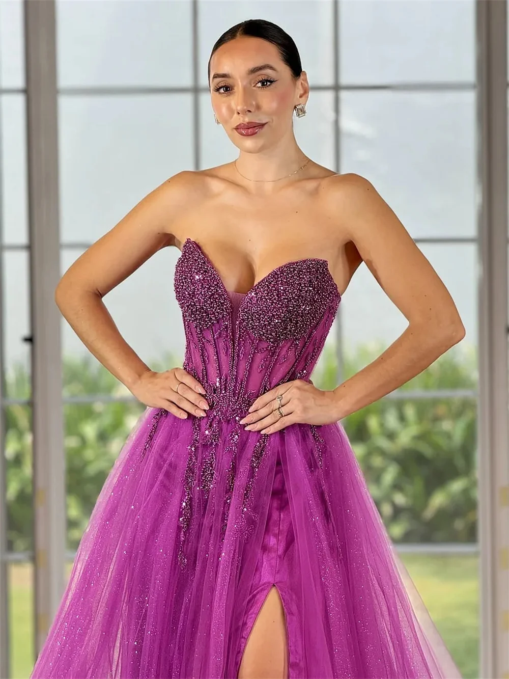 Cathy Customized Purple Sweetheart Neck Glitter Prom Dresses A-Line Sleeveless vestidos de noiva Side High Split Formal Evening image 4