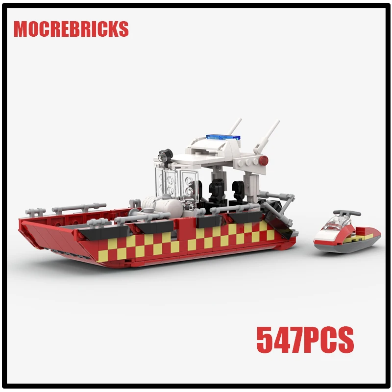 MOC City Fire Rescue Boat Building Blocks Maritime Fireboat Ship Model Tech Water Cannon Vehicle Bricks Toys For Birthday Gift