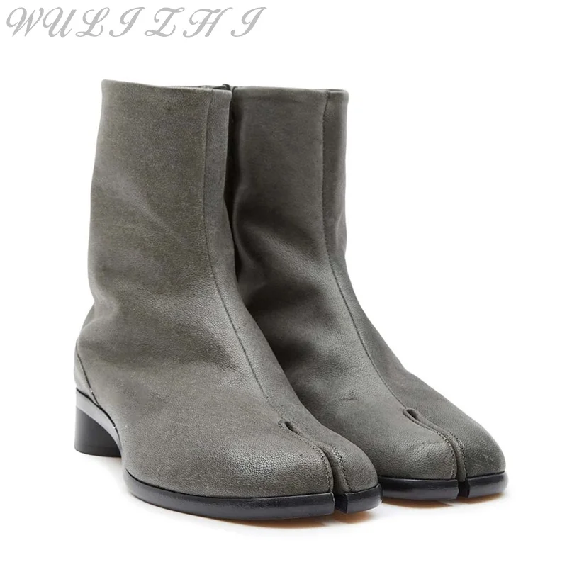 Gray Tabi High Heel Short Boots Leather Slip On Casual Mid Calf Boots Men's Novel Design Split Toe Boots Retro Women Boots