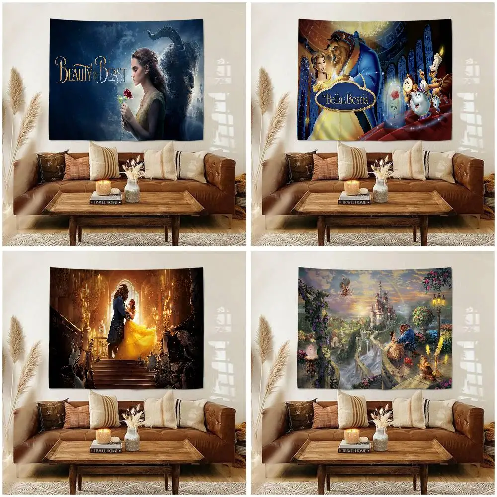 Cartoon Beauty And The Beast Tapestry Art Printing Japanese Wall Tapestry Anime Wall Hanging Home Decor