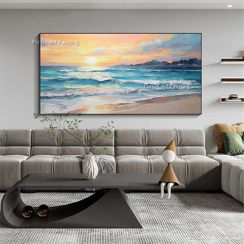 Modern Abstract Sea Scenery Canvas Wall Art Decor Hand Painted Original Summer Beach Sea Wave Sunset Oil Painting Unframed