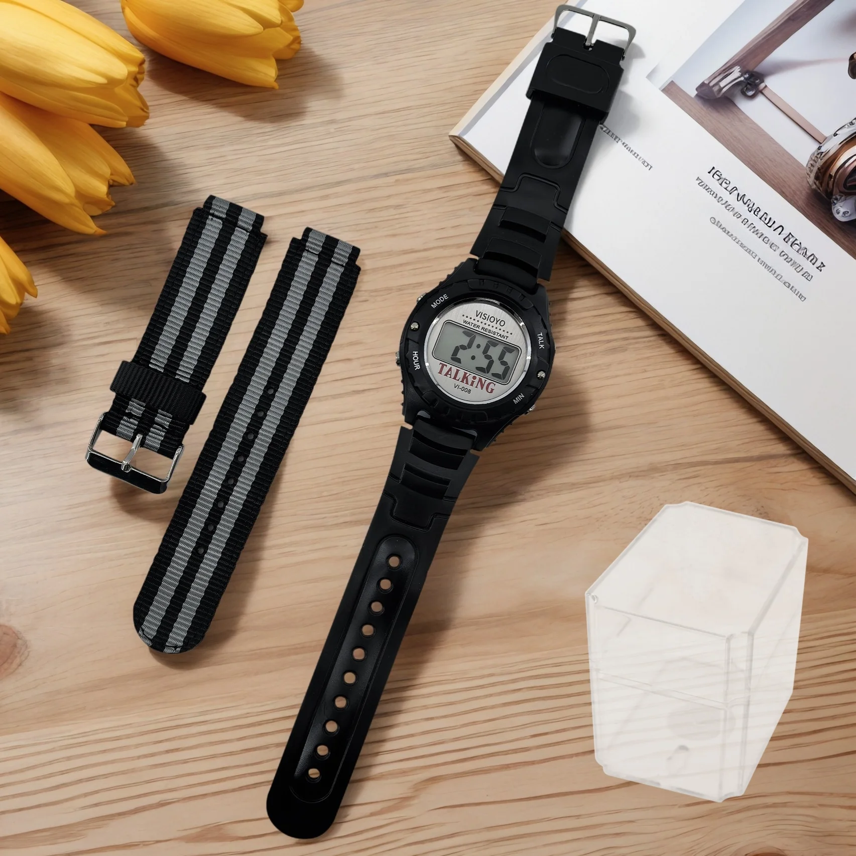 視覚障害者向けのアラビア語で話すことができる時計、目覚まし時計機能と追加のナイロンストラップ付き