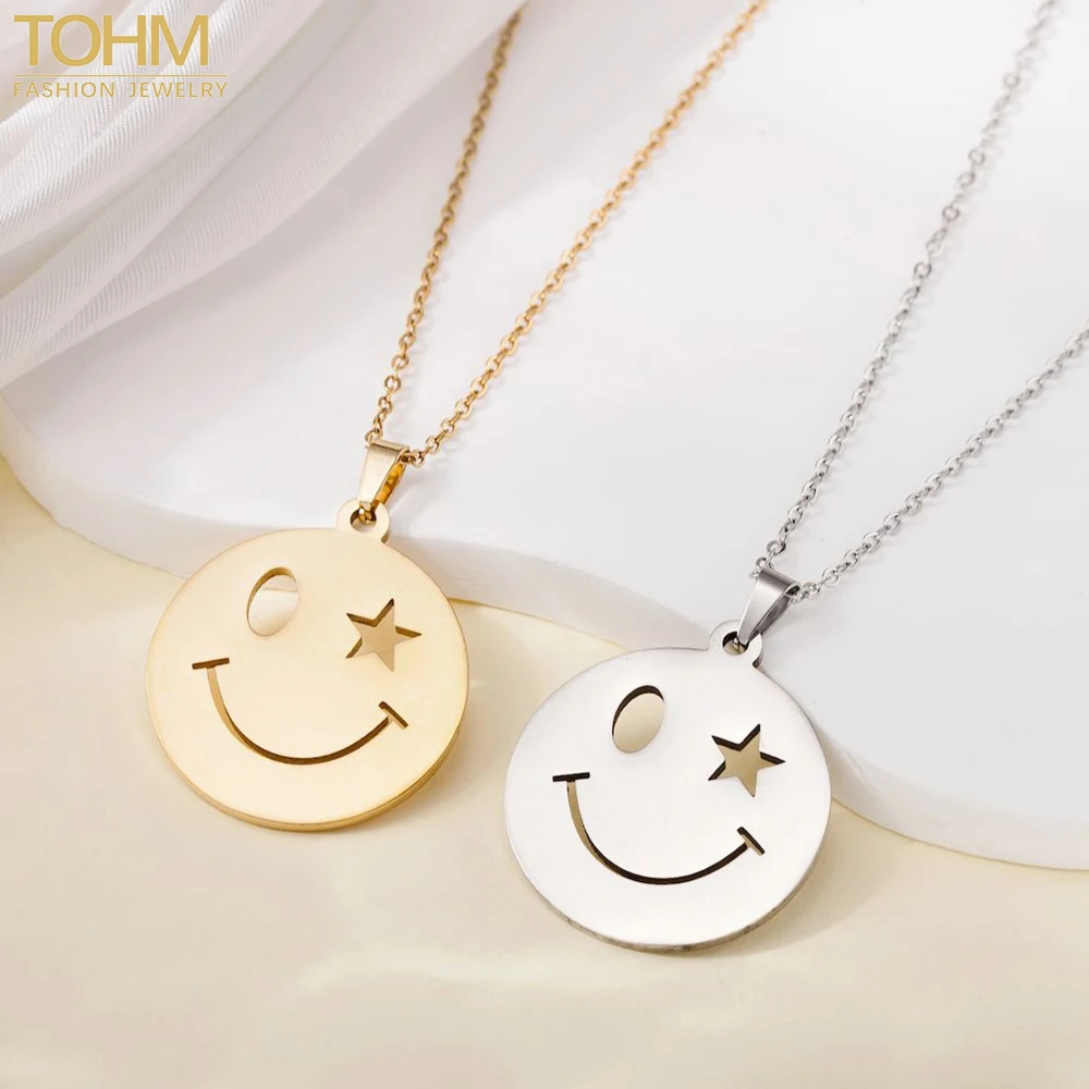 

TOHM Stainless Steel Smiling Face Pendant Necklace For Man Women Vintage Waterproof Chain Fashion Jewelry Necklaces For Mom Gift