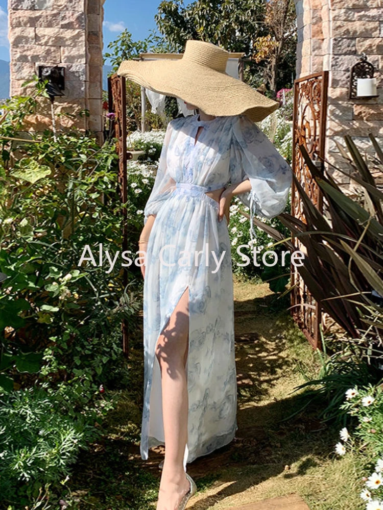 Causal Vintage Hollow Out Floral Dress Women 2023 Autumn Chiffon Elegant Long Split Dress Female Korea Beach Evening Party Dress