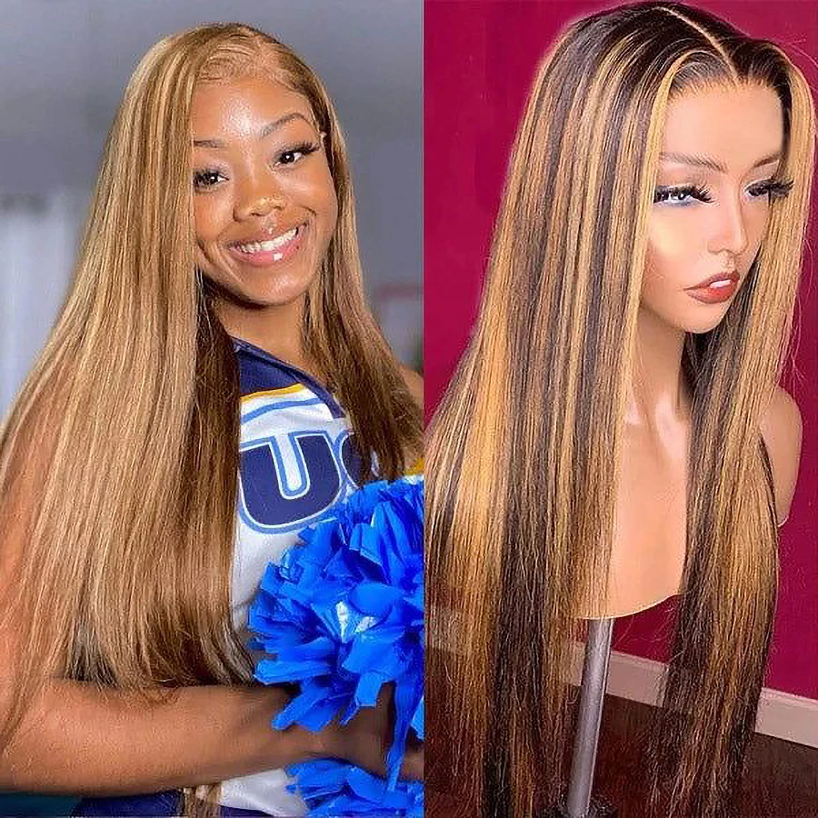 13x4 resalta el cabello humano recto de las pelucas del frente del cordón de Ombre pre desplumado # 4/27 Color rubio miel brasileño para mujer