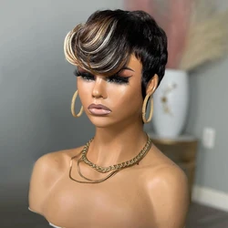 Short Pixie Cut Wigs For Black Women Human Hair Highlight Blonde 613 mix Black Short Bob Wigs Full Machine Wig Short Black Wigs