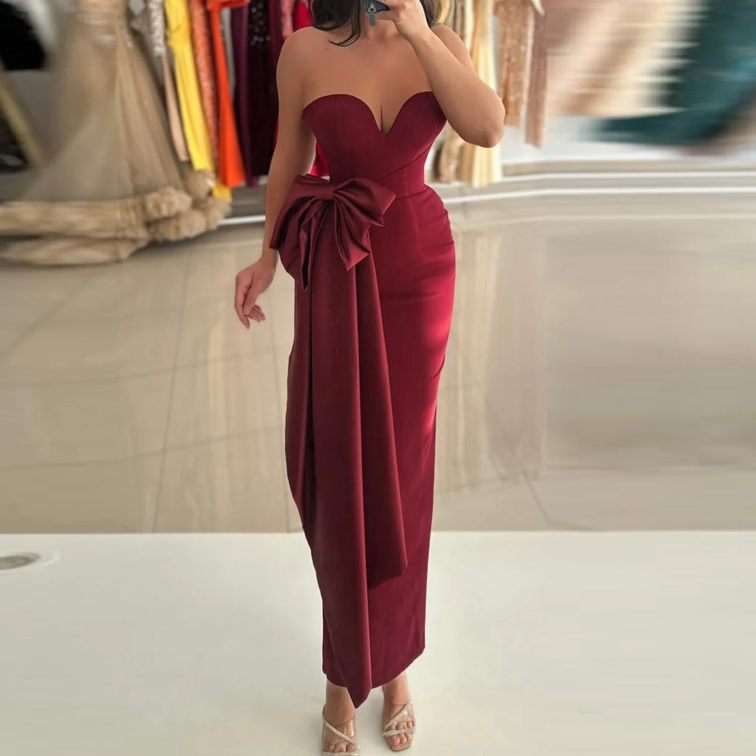 

Dark Red Sheath Prom Dress Sweetheart Ankle Length Big Bow Style Evening Gowns Women Formal Party Dress
