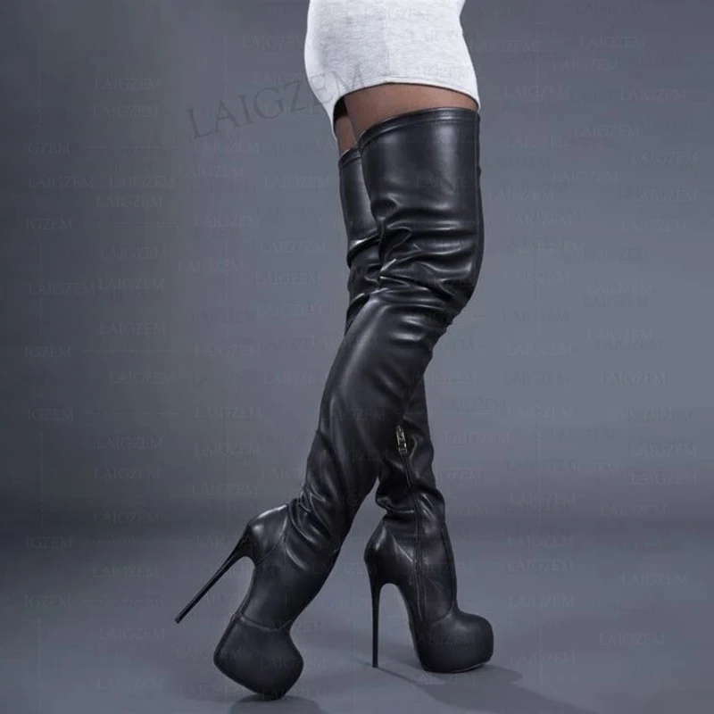 BERZIMER Women Thigh High Boots Stretch Platform Round Toe Side Zip Over Knee Tall Boots Ladies Shoes Woman Big Size 40 45 50 52