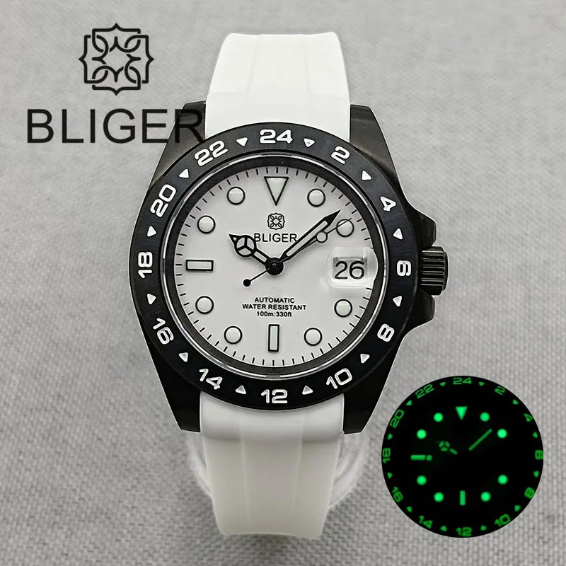 

BLIGER 40mm Black PVD Coated Case NH35 Automatic Men Watch Date Magnified Luminous Dial Rubber Strap Screw Crown Fixed Bezel