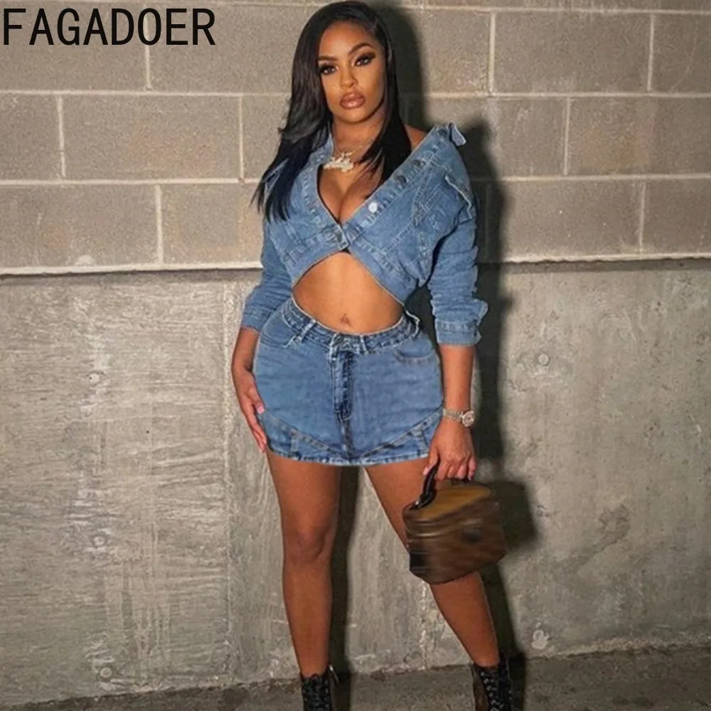 

FAGADOER Blue Fashion Denim Skirts Two Piece Women Turndown Collar Long Sleeve Button Crop Top And Mini Skirt Outfits Streetwear