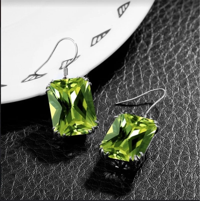 Vintage Silver Color Big Square Zircon Crystal Stones Pendant Necklace Earrings Bridal Jewelry Set for Women Party Accessory