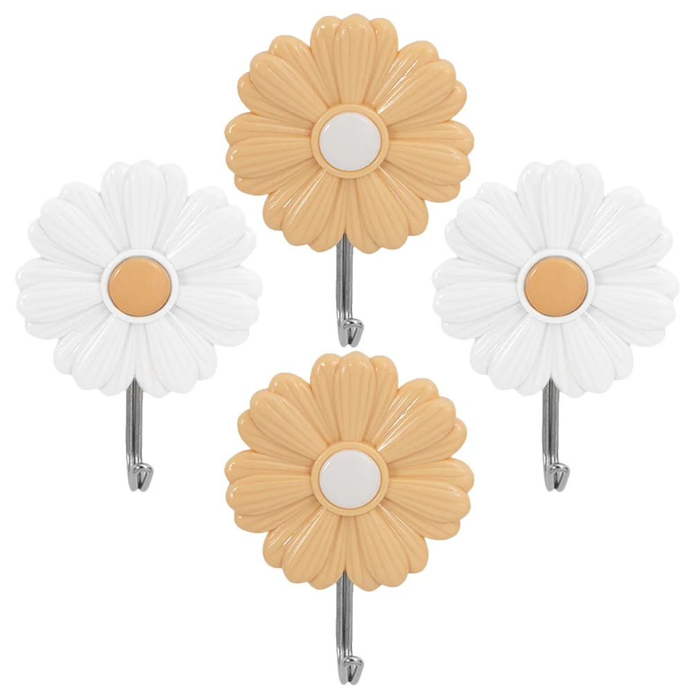 

4pcs Daisy Adhesive Hooks Plastic Wall Hangers Kids Room Decor Bathroom Colorful Strong Bearing Capacity Multi Functional