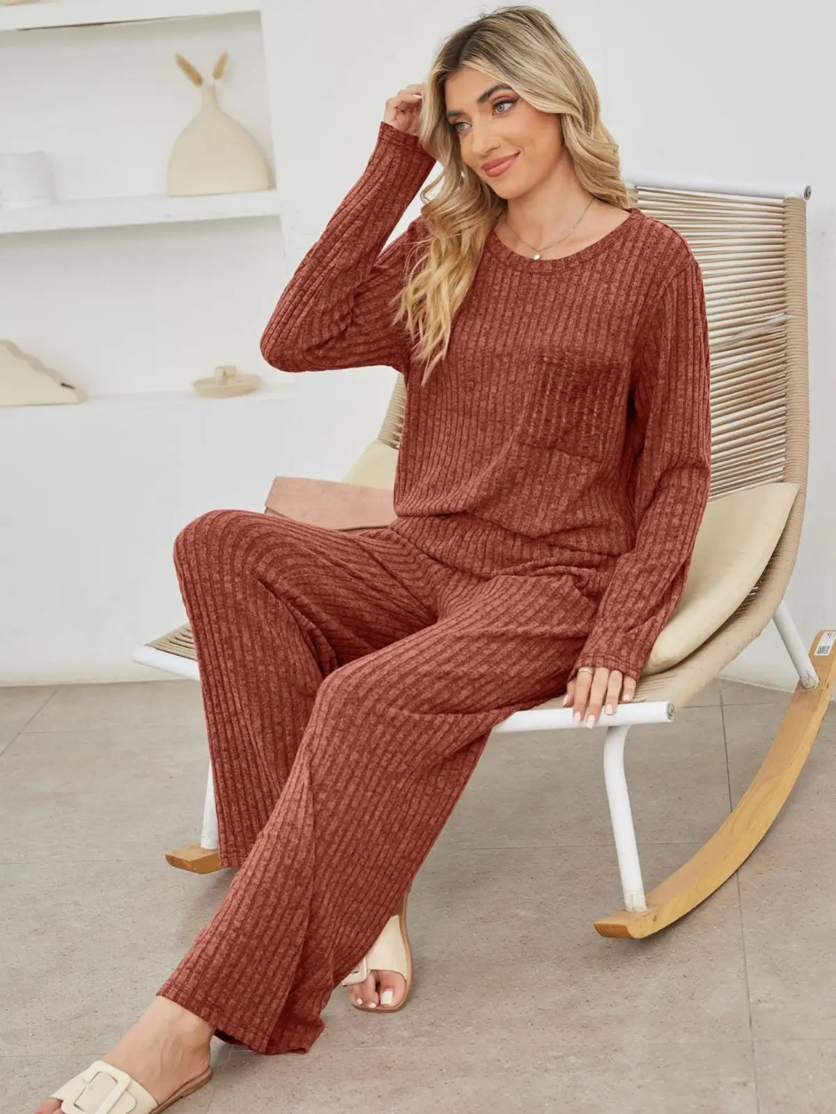 Women's New Autumn Fashion Solid Color Knitted Texture Round Neck Long Sleeve Sweater + Wide Leg Knitted Wide Leg Pants Y2k