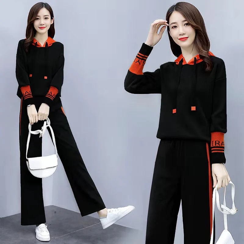 

Fashionable Casual Sportswear Set Wide Leg Pants Women's Long Sleeve Hoodie Two Piece Set Autumn Winter New Arrival Polyester...