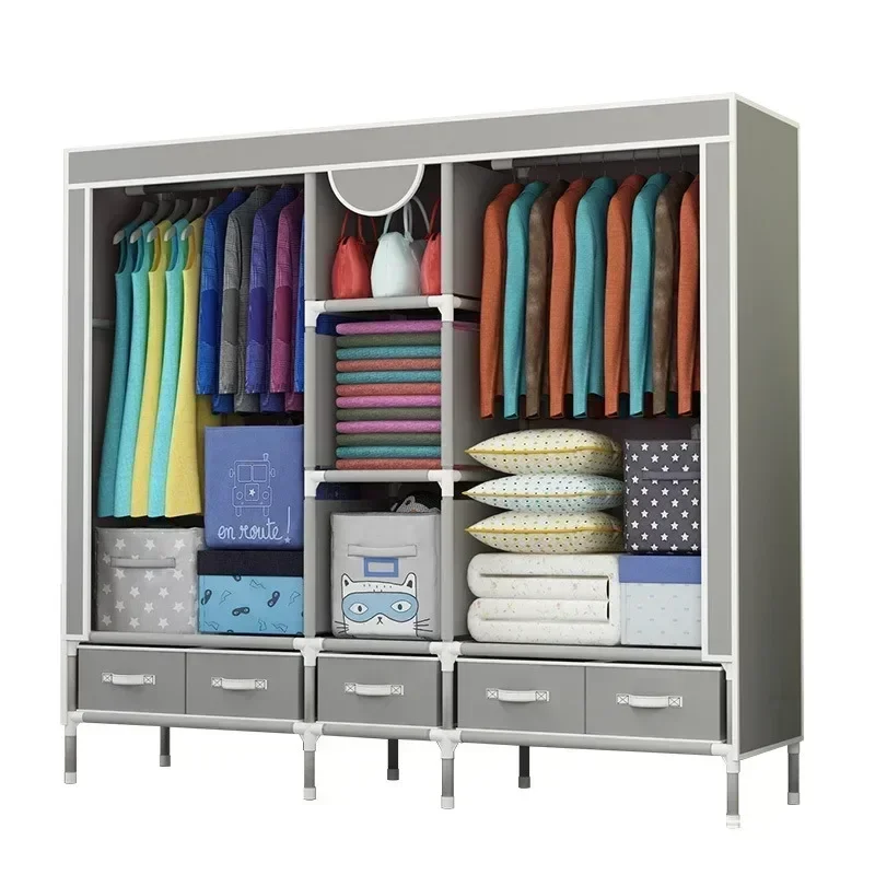 Wardrobe, Reinforced and thickened 19mm steel pipe simple closet, large-sized moisture-proof and dustproof,with 5 storage boxes