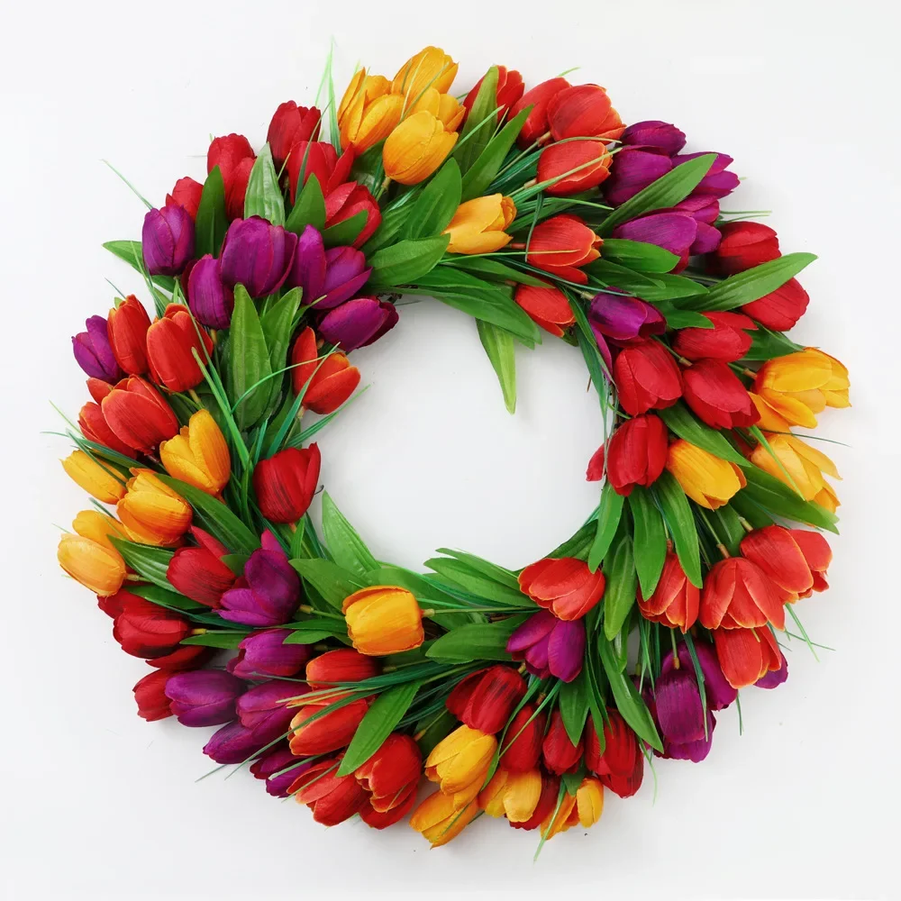 

DIA 40CM Artificial Tulip Wreath Wedding Home Decoration Wreath Door Hanging Christmas Decoration Rattan Ring Wall Hanging