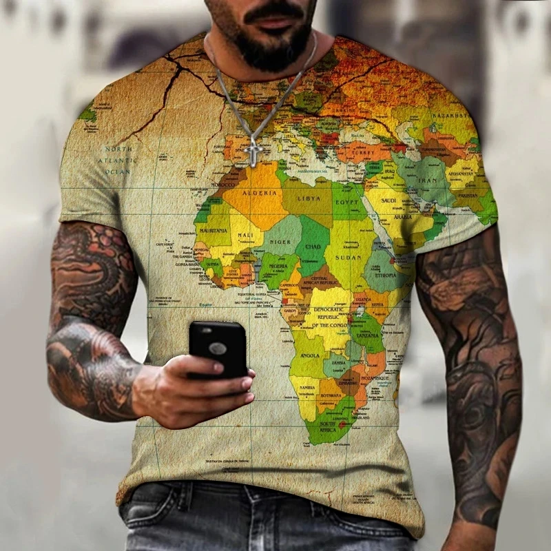 New Fashion World Map Printed Men\'s T-shirt Street Fashion Harajuku Round Neck Short Sleeve Comfortable Large Top