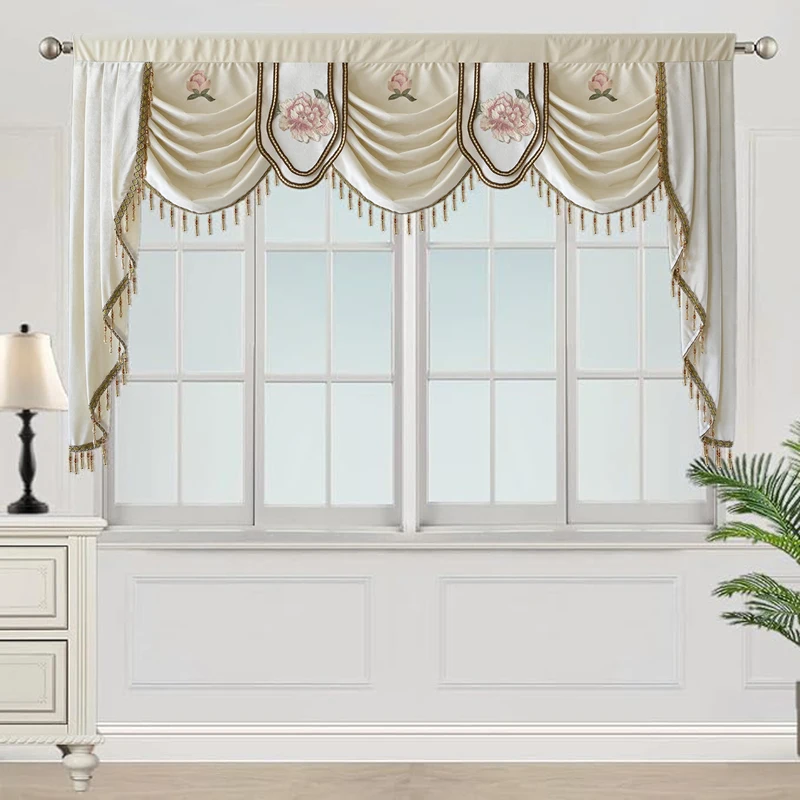 

Luxury Beige Curtain Valance for Living Dining Room Bedroom European Royal Style Window Swag Waterfall Valance Tassels Curtain