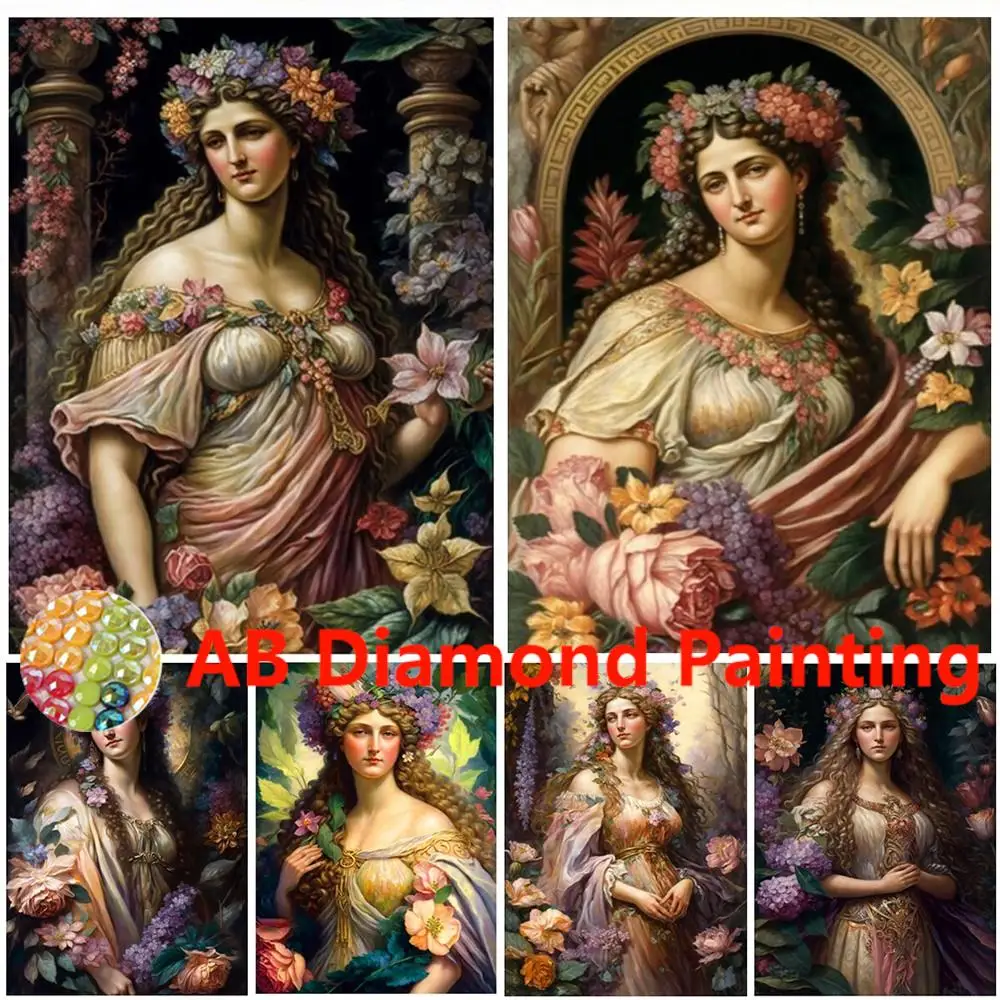 AB Full Drill Medieval European Beauty Flower Magic Fantasy Woman 5D Portrait Oil Painting Style Diamond Painting Art Embroidery