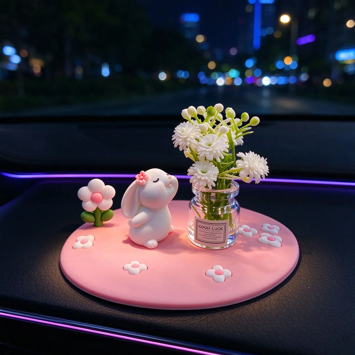 Cute Rabbit Car Dashboard Decor, Mini White Bunny Figurine with Vase & Pink Mat, Resin Desk Ornaments