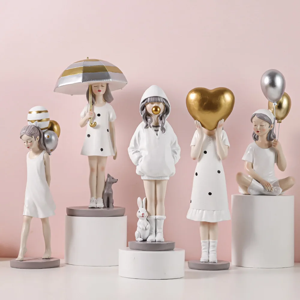 Nordic Sweet Pink Fashion Balloon Girl Figurines Ornaments Kawaii Room Decor Dressing Table Crafts Decor Bithday Gift for Girl