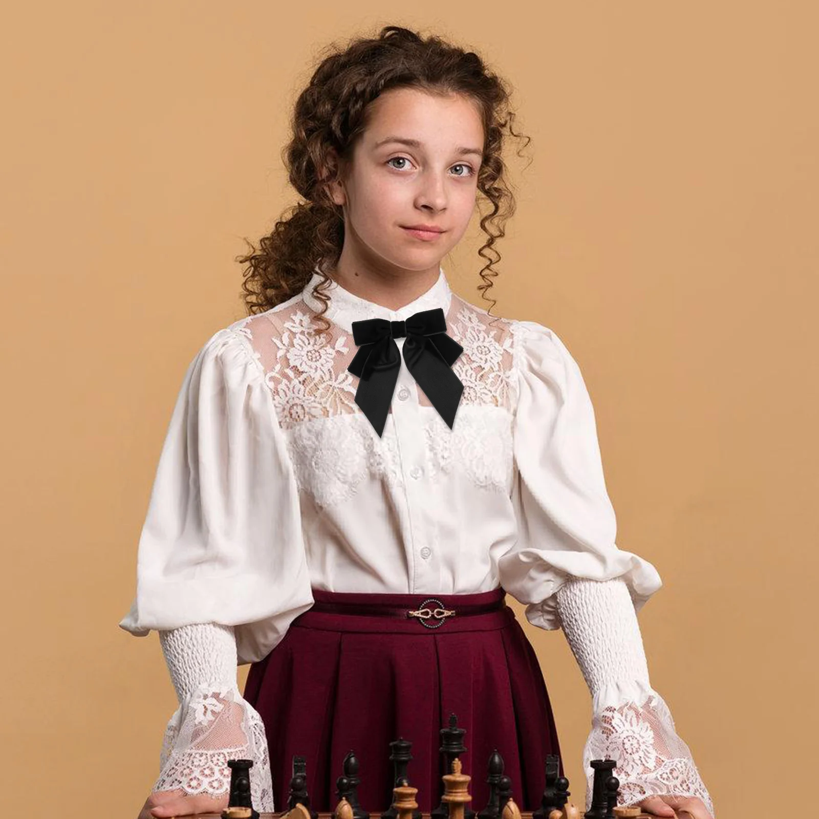 

Women Bow Tie Black Solid Color Double Layer Brooch Pin for Formal Dress Shirt Party Jewelry Accessories Pre-Tied Bow Tie